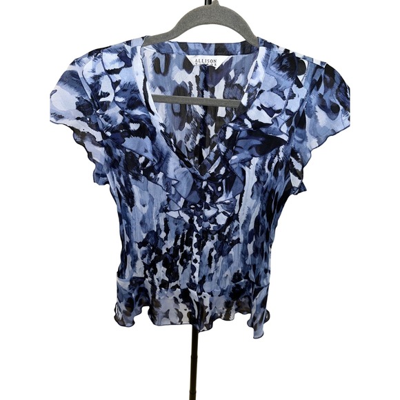 Allison Taylor Tops - Allison Taylor Y2K Blue Black Abstract V-Neck Short Sleeve RetroBlouse Women's M